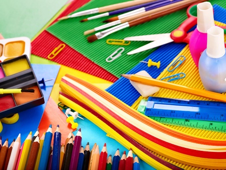 Close up of group art school supplies Stock Photo