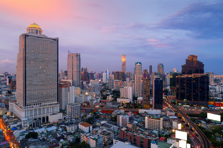 Aerial view of bangkok skyline and skyscraper with bts skytrain in bangkok downtown bangkok is the most populated city in southeast asia bangkok thailand Stock Photo