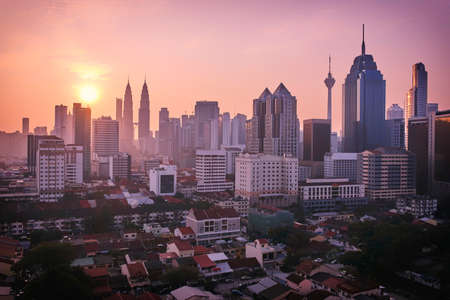 Beautiful sunrise landscape of aerial kuala lumpur skyline malaysia