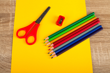 Colorful school supplies for creative handcrafts scrissors colorful pencils sharpener paper etc