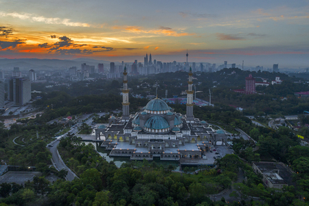 Federal territory mosque aerial view at sunset in kuala lumpur malaysia