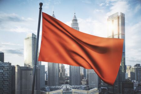 Empty waving red flag on bright blue sky and city background mock up 3d rendering