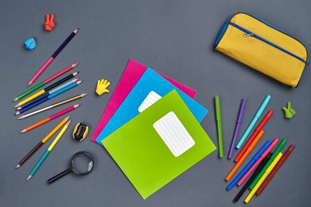 Flat lay photo of workspace desk with school accessories or office supplies Stock Photo