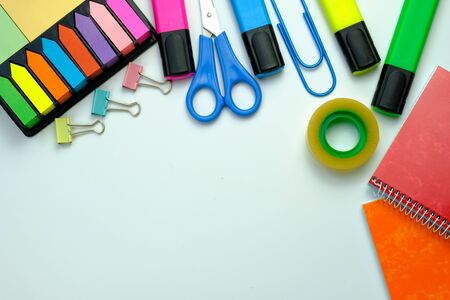 In this photo you can see a lot of school supplies in different positions and on different surfaces this photo was taken in june 2019 in my house