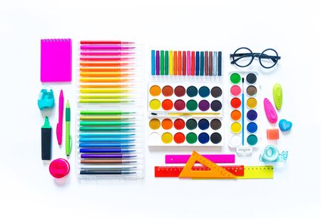 Stationery flat lay back to school white background set school kid child