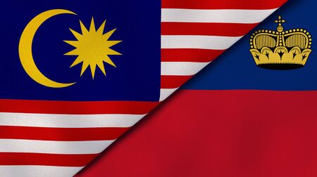 Two states flags of malaysia and liechtenstein high quality business background 3d illustration