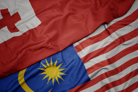 Waving colorful flag of malaysia and national flag of tonga macro