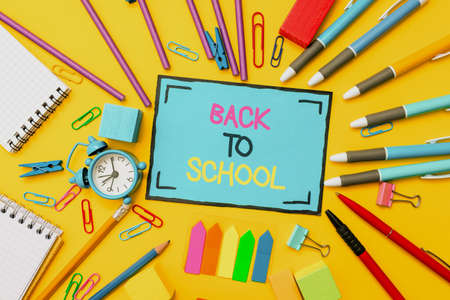 Inspiration showing sign back to school business overview is the period relating to the start of a new school year flashy school and office supplies bright teaching and learning collections