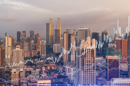 Glowing forex graph hologram aerial panoramic cityscape of kuala lumpur at sunset stock and bond trading in kl malaysia asia the concept of fund management double exposure Stock Photo