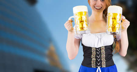 Composite image of caucasian waitress holding glass of beers against tall building in background bar and club concept