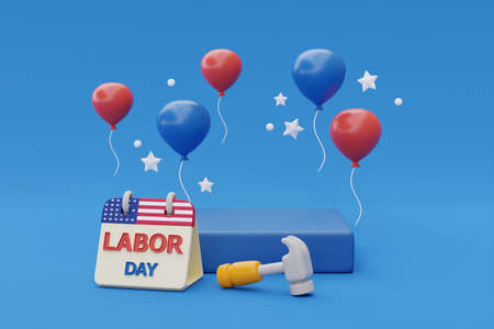 Happy labor day usa concept podium display with construction tools and balloon on blue background 3d rendering Stock Photo