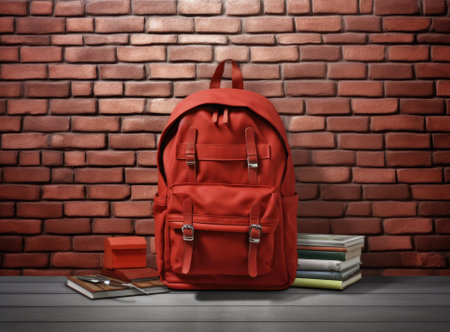 Backpack with school supplies on wooden table on wall background Stock Photo