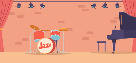 Stage With Instruments For Playing Jazz Including Drums, And Piano, Setting The Perfect Mood For Musical Experience