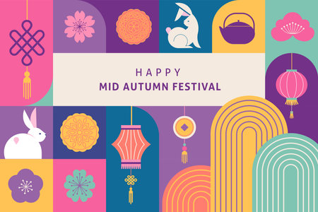 Korean Mid Autumn Festival - Chuseok. Mooncakes, bunnies rainbows and flowers, flat geometric style background and poster