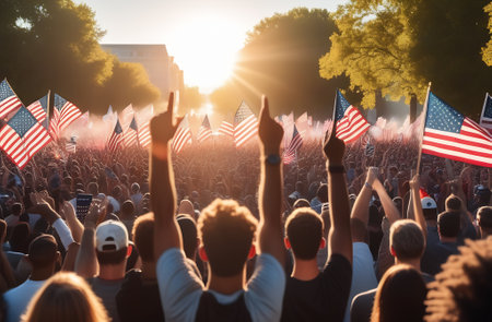 A crowd enthusiastically waving american flags under the sunlight at an event forming a patriotic gesture flags shine bright against the blue sky with trees in the background Stock Photo