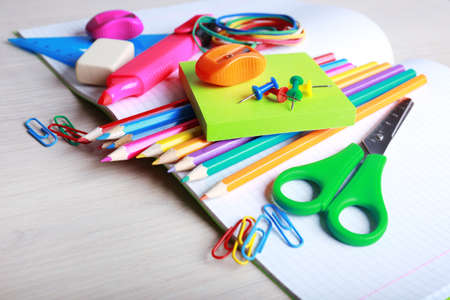 School supplies on desk close up