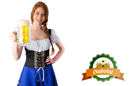 Oktoberfest girl smiling at camera holding beer against oktoberfest graphics