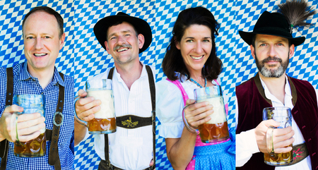 Multiple faces of people in traditional bavarian clothes holding beer mugs