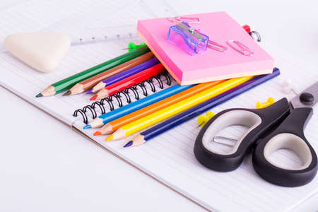 School stationery on white background Stock Photo