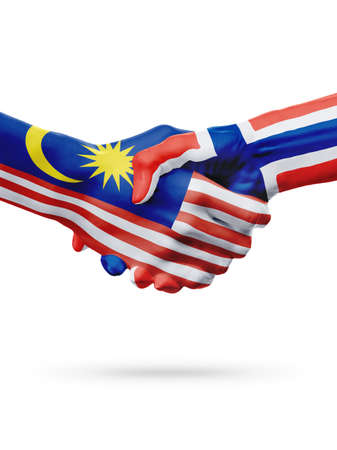 Flags malaysia norway countries handshake cooperation partnership friendship or sports team competition concept isolated on white