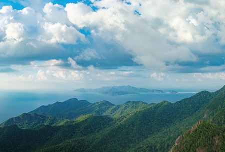 Panoramic view of blue sky sea and mountain seen from cable car viewpoint langkawi malaysia picturesque landscape with tropical forest beaches small islands in waters of strait of malacca