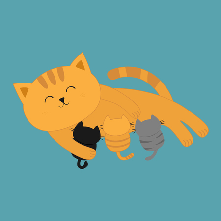 A Cat mother feeding kittens. Mom kitty laying on the floor and nursing little cats. Milk feed. Breastfeeding pet animal. Cute cartoon character Flat design Blue background Isolated Vector illustration - 82518782