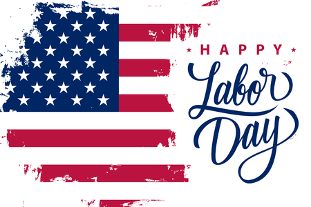 Happy labor day holiday banner with brush stroke background in united states national flag colors and hand lettering text design vector illustration Stock Photo