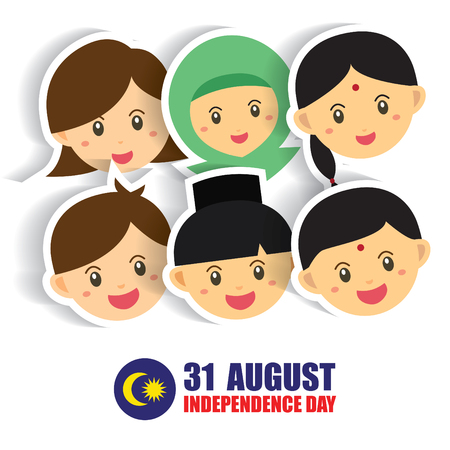 Malaysia National / Independence Day illustration. Cute cartoon character kids of Malay, Indian & Chinese hand in hand with Malaysia flag icon. 31 August, Merdeka.