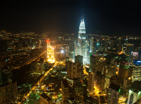 Aerial night view of kuala lumpur skyline capital city malaysia southeast asia Stock Photo