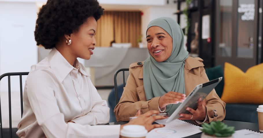 Black woman, muslim employee and tablet with communication, teamwork and diversity in marketing and advertising office. Islamic and african business women support, collaboration and working together